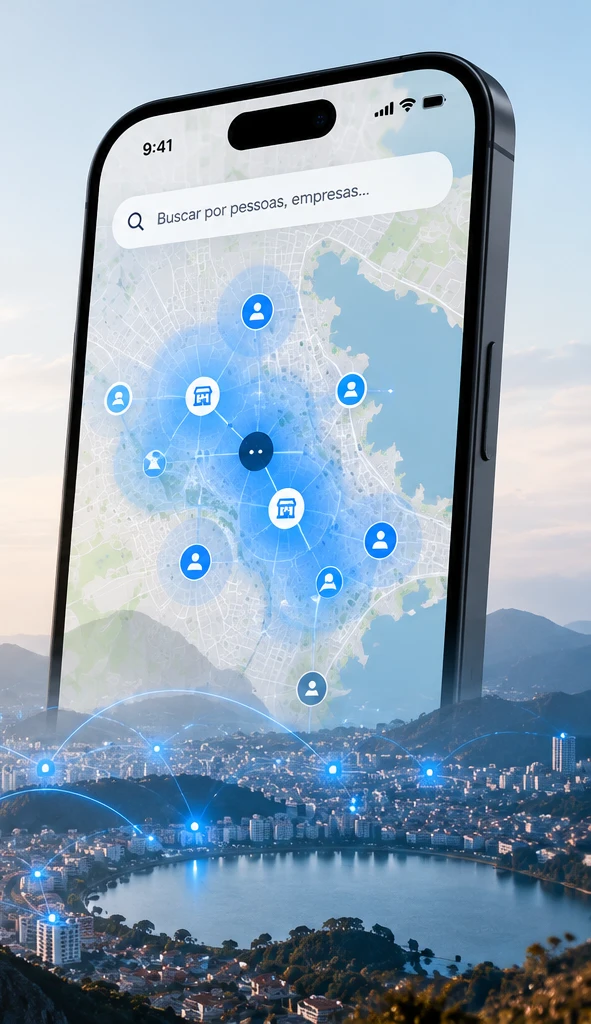 Representação conceitual do futuro aplicativo: smartphone com mapa urbano e concentrações luminosas azuis simbolizando conexões